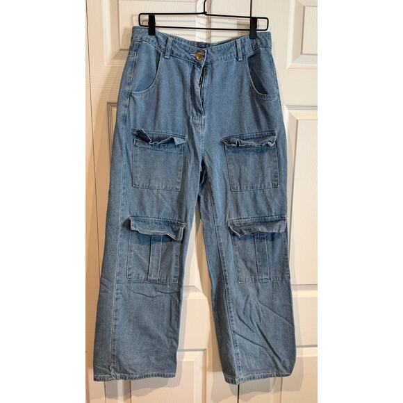 Light Wash Wide-Leg Cargo Jeans - 90s Y2K Aesthetic- Med - Picture 1 of 8